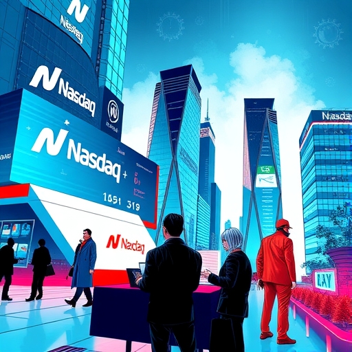 ภาพตลาดหุ้นแนสแด็กในอนาคตพร้อมป้าย Nasdaq