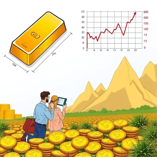 ภาพร้อยเรียงของเหรียญทองคำในภูมิทัศน์ของตลาดที่มีการเปลี่ยนแปลง