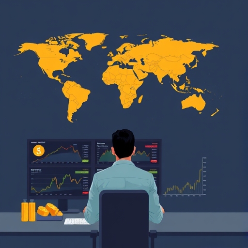 นักเทรดกำลังวิเคราะห์ราคาทองคำจากหน้าจอหลายจอ