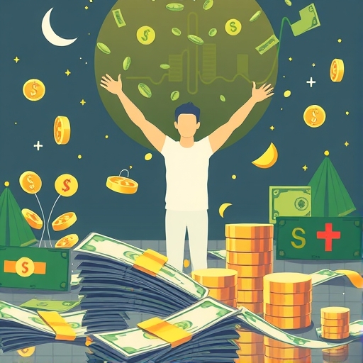 แสดงถึงความมั่งคั่งทางการเงินด้วยธนบัตรและการลงทุนในพื้นหลัง