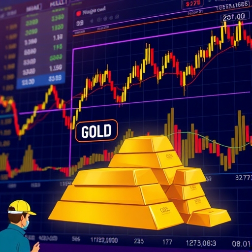 การแสดงภาพแท่งทองคำและกราฟราคาที่มีความผันผวน