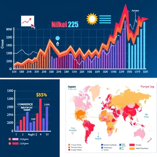 ภาพประกอบแสดงดัชนีนิกเกอิ 225 พร้อมกราฟทางเทคโนโลยีและการเงิน