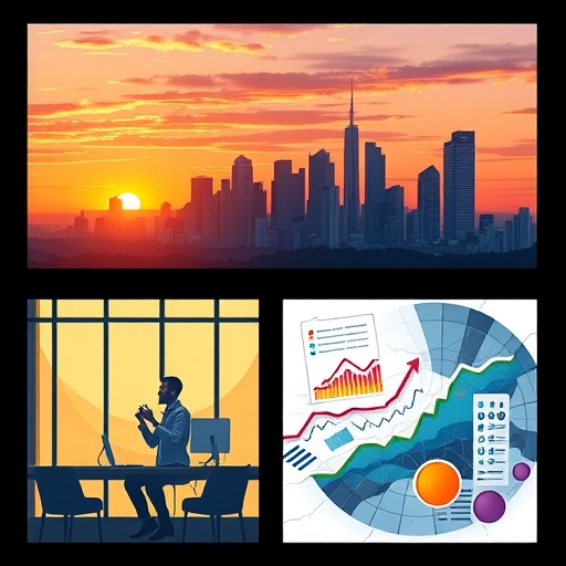 ทิวทัศน์ย่านการเงินสมัยใหม่ในช่วงพระอาทิตย์ตกดิน