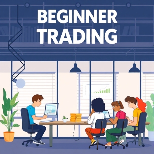 ภาพสำนักงานทันสมัยที่มีนักเทรดหนุ่มใช้เทคโนโลยี