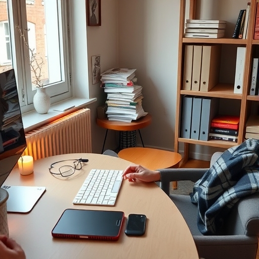 一位人員正在辦公桌前思考並整理文件