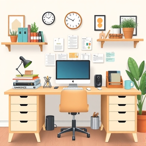 一個整潔的工作桌,顯示器上顯示金融圖表。