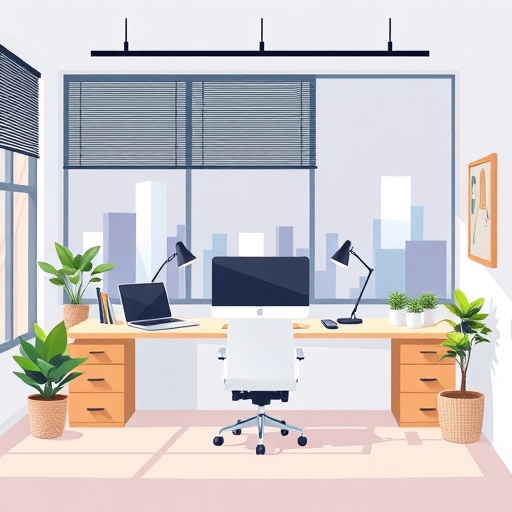 一個現代辦公室工作空間的插畫，桌面整潔明亮。