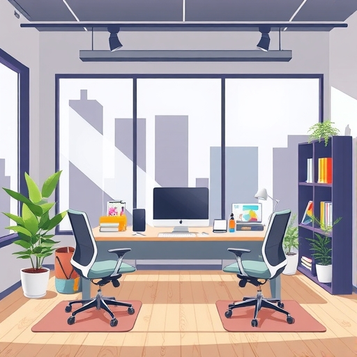 一個現代辦公室工作空間的插畫，有多個螢幕顯示數據。