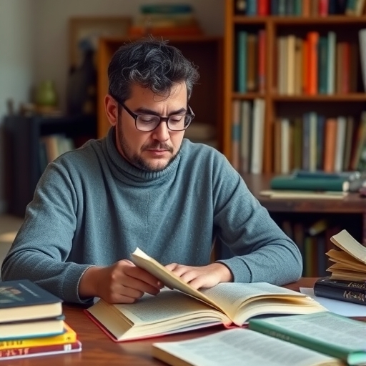 一位認真學習、周圍堆滿書籍的人