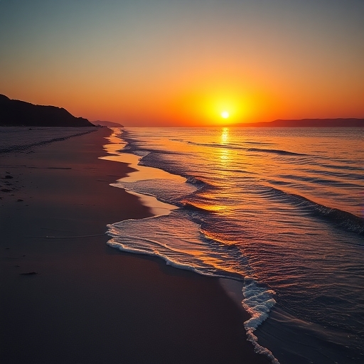 一張寧靜的日落海灘景色。