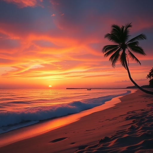 一張金黃色日落下的海灘。