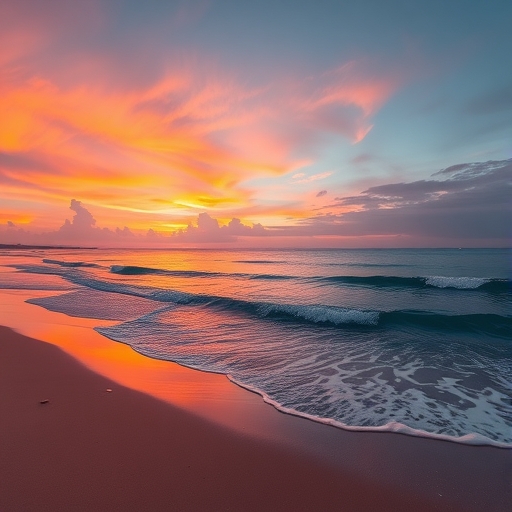 一張橙色霞光中的海灘。