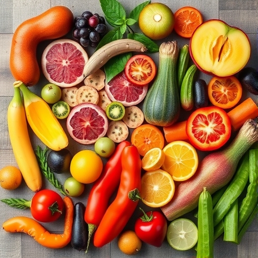 豐富多樣的彩色蔬果陳列