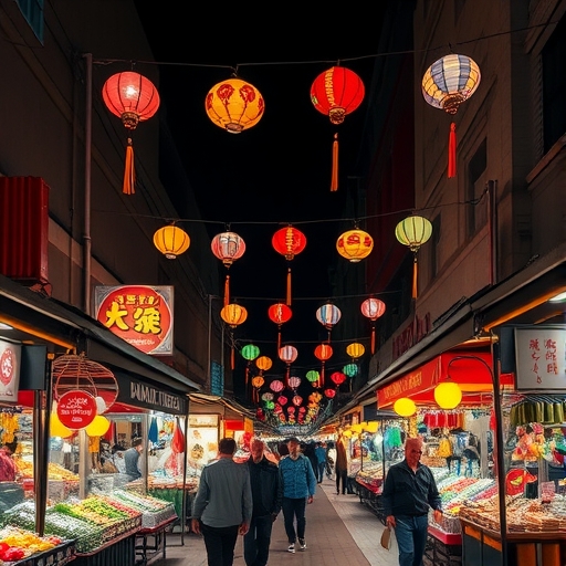 人潮熙攘的彩色夜市場景