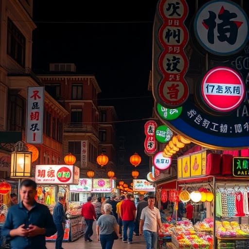 人們在選購商品的充滿活力夜市街景