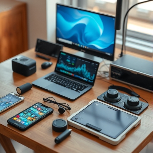 桌上擺放著多個數位裝置，象徵著交易的複雜性與所需工具