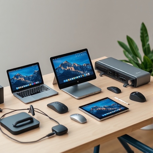 桌上放置著多台數位裝置，代表未來科技與交易模式