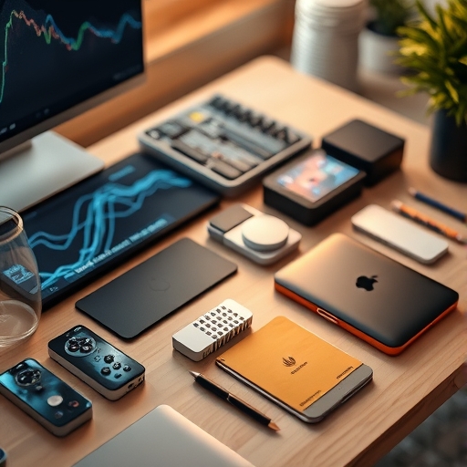 桌上放置多種數位裝置，可能代表交易工具