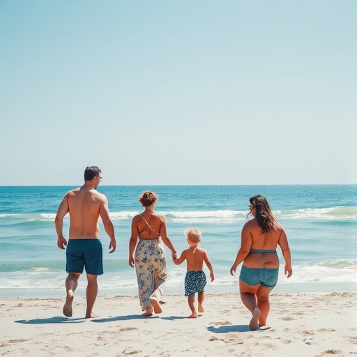 一家人在陽光普照的海灘上愉快地玩耍