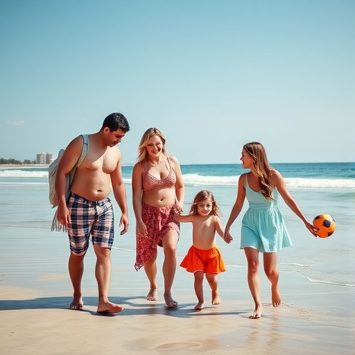 快樂的一家人在海灘上享受假期