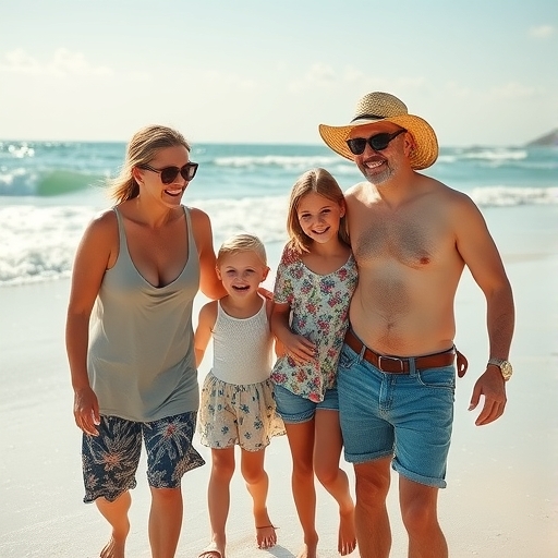 家人在美麗的海邊享受天倫之樂