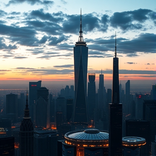 一張未來城市在黃昏時分的天際線景象