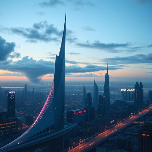 一張未來城市在黃昏時分的天際線景象