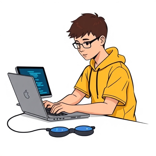 一名學生專注於筆記型電腦上程式碼的插圖