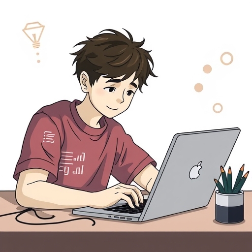 一名學生正在筆記型電腦上編寫程式碼的插圖