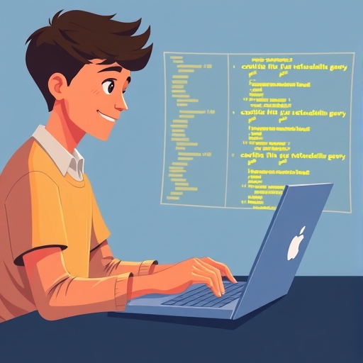 一名學生專注於筆記型電腦上程式碼的插圖