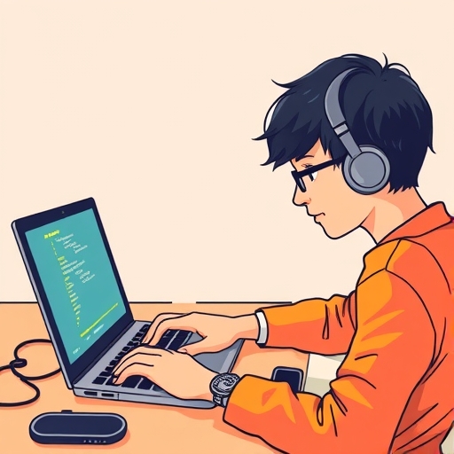 一名學生專注於筆記型電腦上程式碼的插圖