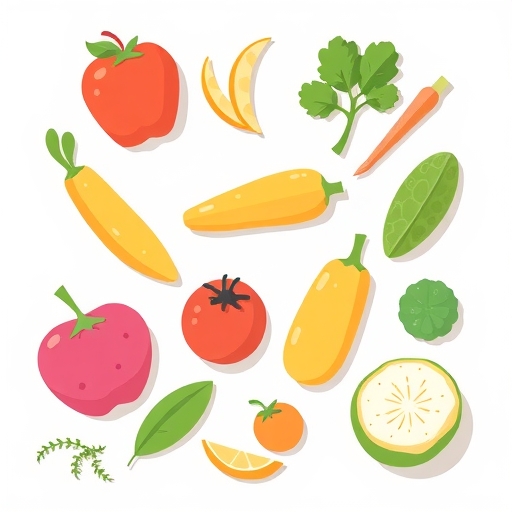 各種新鮮健康食物的插圖。
