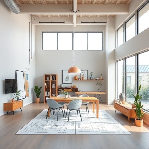 一個現代設計工作室中,桌上擺放著藍圖。