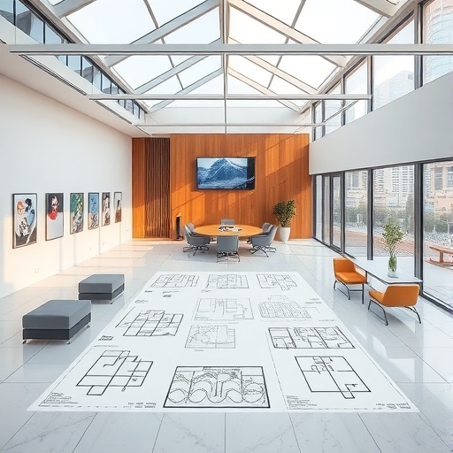 現代設計工作室的桌面上,呈現著精細的藍圖。