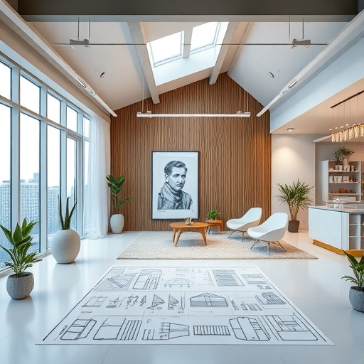 一個現代化設計工作室內,擺放著多張複雜的藍圖。