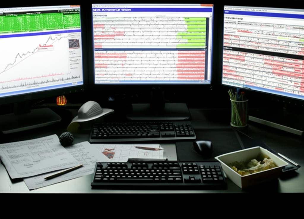 โต๊ะทำงานของเทรดเดอร์ที่เต็มไปด้วยหน้าจอข้อมูลตลาดและกราฟการวิเคราะห์