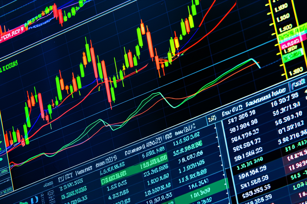 กราฟการเทรด Forex บนหน้าจอมอนิเตอร์หลายจอ พร้อมเครื่องมือวิเคราะห์ทางเทคนิค