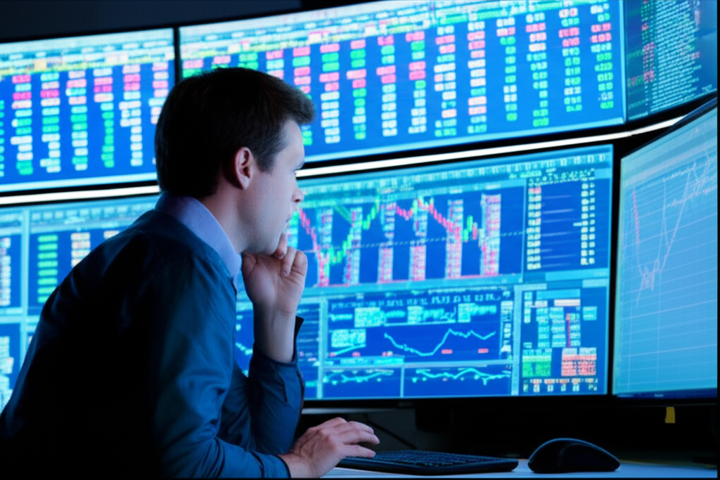 เทรดเดอร์วิเคราะห์ตลาด Forex บนหน้าจอหลายเครื่อง