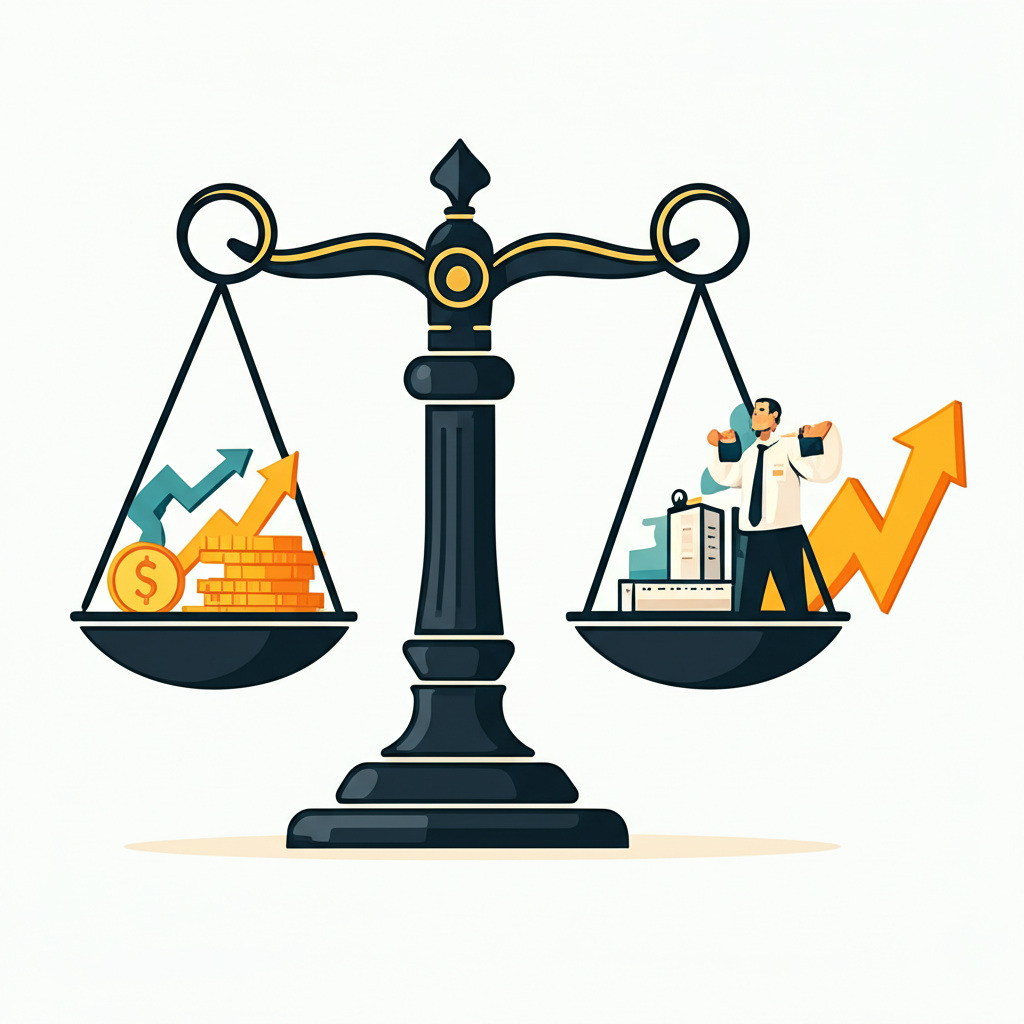 An illustration showing the Federal Reserve balancing inflation and economic growth with a giant scale