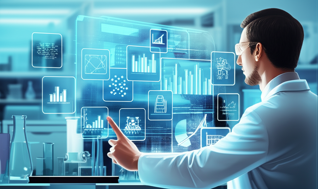 illustration a scientist choosing different statistical tools represented by various icons for data analysis