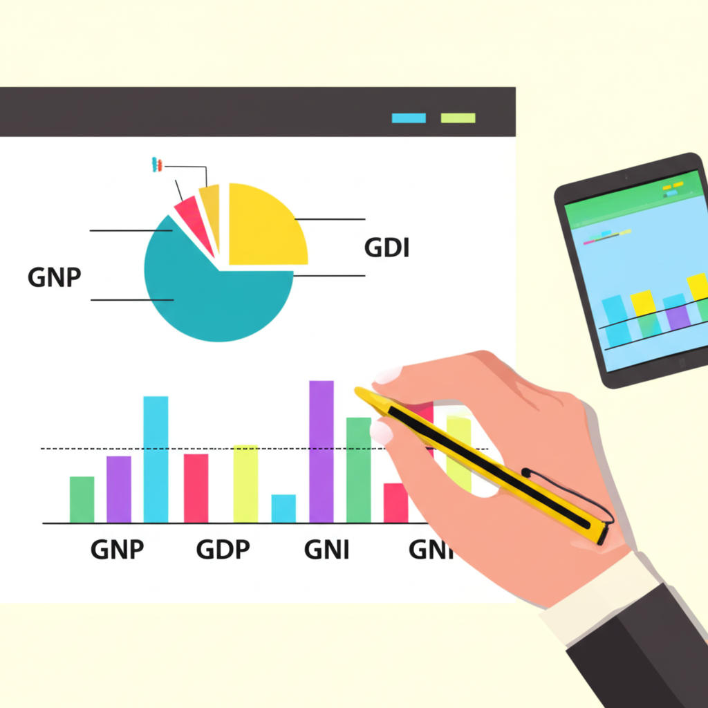 ภาพประกอบบุคคลกำลังศึกษากราฟเศรษฐกิจพร้อมป้าย GNP GDP GNI แสดงตัวชี้วัดเศรษฐกิจชาติ