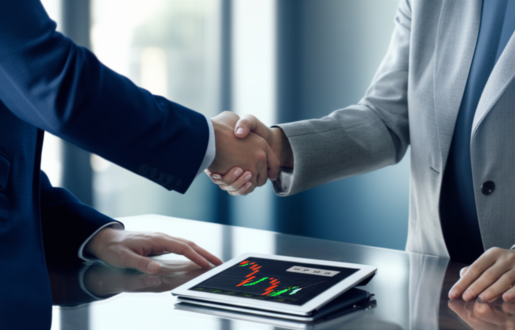 ภาพประกอบนักธุรกิจสองคนตกลงทำสัญญาผ่านแท็บเล็ตที่แสดงกราฟราคาหุ้นผันผวน