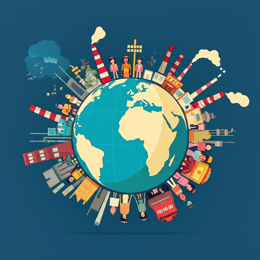 ภาพประกอบโลกพร้อมผู้คนและโรงงานแสดงการผลิตโดยพลเมืองข้ามพรมแดนเน้นสัญชาติไม่ใช่สถานที่