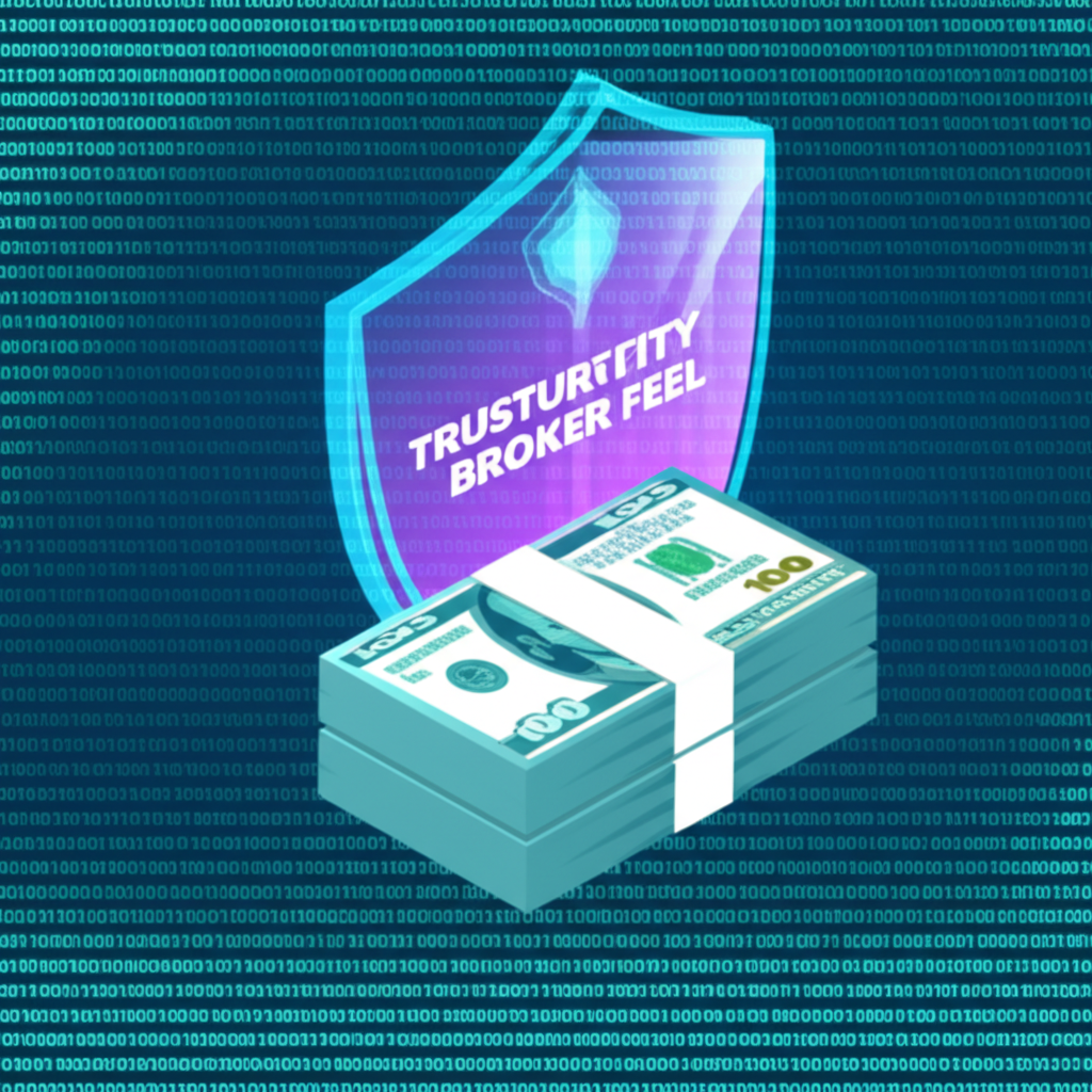 An illustration of a transparent shield protecting a stack of money and data with a trustworthy broker feel