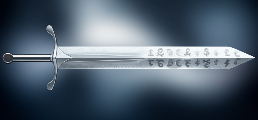 ภาพประกอบดาบสองคมที่แทนเลเวอเรจทางการเงินพร้อมสัญลักษณ์เงินและไอคอนความเสี่ยง