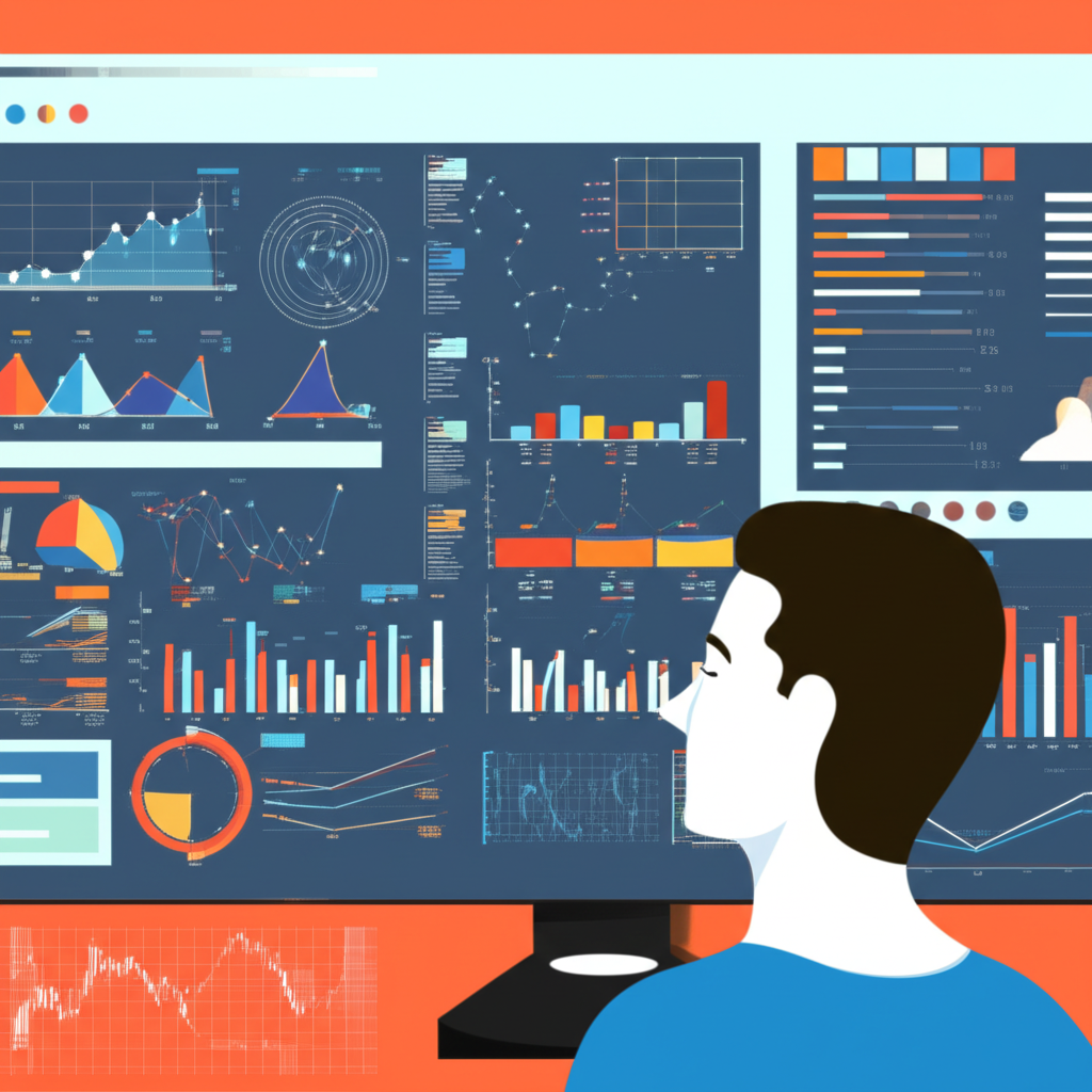 illustration a person analyzing complex data sets on a screen with graphs and charts representing relationships