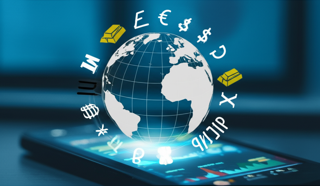 ภาพประกอบของโลกที่ล้อมรอบด้วยสัญลักษณ์ตลาดการเงินต่างๆ เช่น forex หุ้น และสินค้าโภคภัณฑ์ ที่เข้าถึงผ่านแพลตฟอร์ม MT5 ดิจิทัล