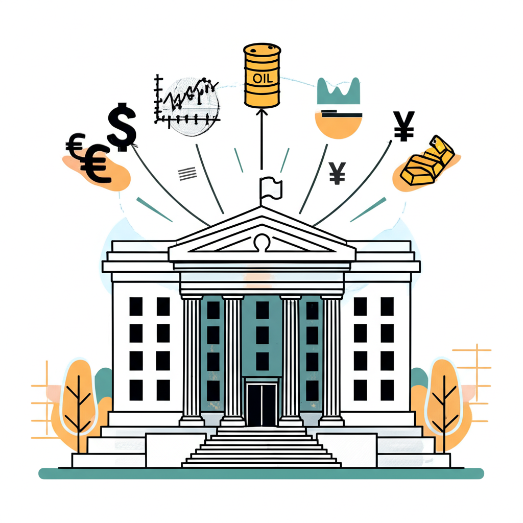 An illustration of a large Federal Reserve building influencing global money flows and various market symbols