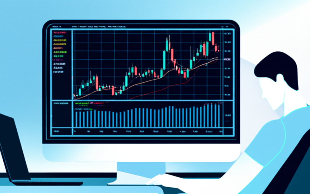 ภาพประกอบของบุคคลกำลังเทรดบนคอมพิวเตอร์ด้วยกราฟและเครื่องมือ MT5 บนหน้าจอกว้าง สร้างสภาพแวดล้อมการเทรดดิจิทัลที่มั่นคง