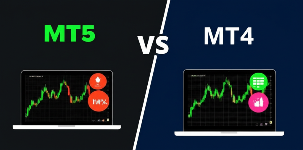 ภาพประกอบของแพลตฟอร์มการเทรดสองตัว MT5 และ MT4 วางเคียงข้างกัน โดยเน้นจุดแตกต่างด้วยไอคอนเปรียบเทียบ